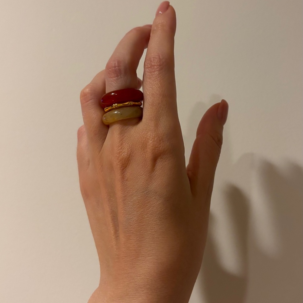 Stone Trilogy Stack Yellow Jade Red Agate Aventurine Ring Set Of 3 Bands, Size 7 - Picture 8 of 9